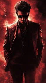 Silhouetted suited man in red backlit smoke and shadow.