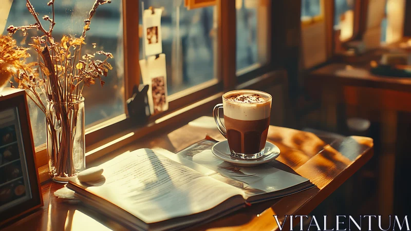 Latte rests beside open book in warm golden caf&eacute; light.