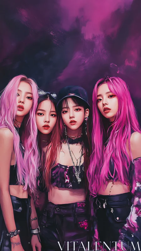 Four digital-rendered women in coordinated urban fashion group.