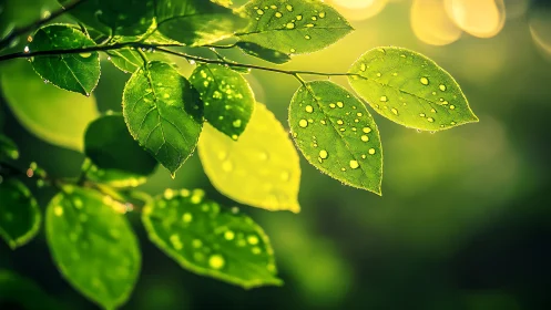 Fresh morning leaves sparkle softly in golden sunlight