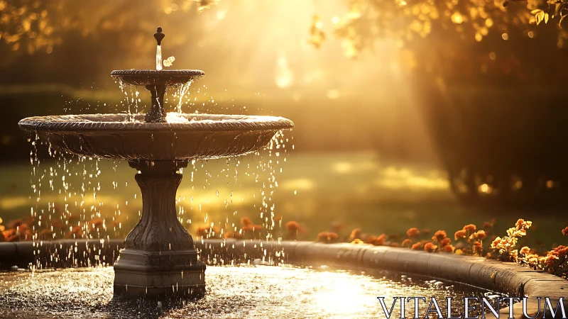 Stone garden fountain catches warm low-angle sunlight