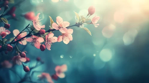 Cherry Blossom Branches: Soft Pink Petals Against Teal Bokeh Background