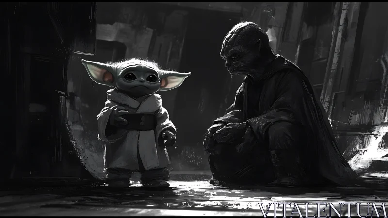 Monochrome sci fi corridor with two alien robed figures