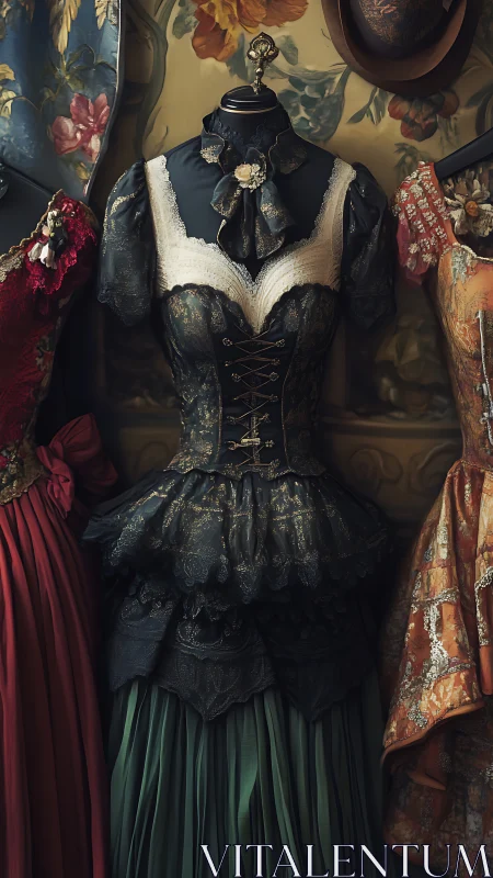 Victorian corseted dress on mannequin with ornate textile details.