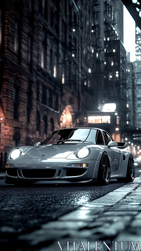 White sports car in cinematic rainy urban nightscape shot.