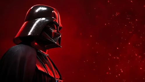 Dark armored figure in profile against vivid red field.