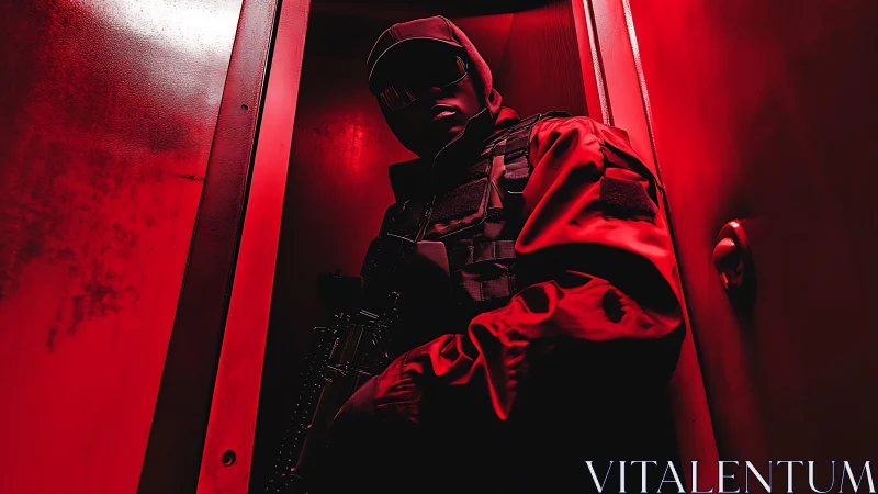 Crimson corridor sentinel in tactical armor waits silent.
