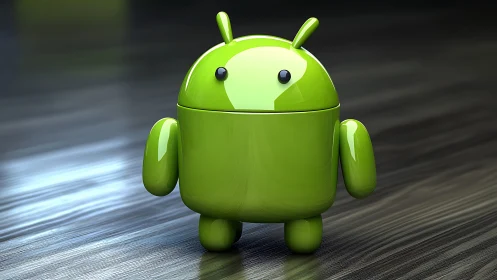 Glossy green robot mascot rendered on reflective wooden floor