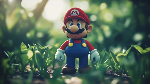 Toy plumber figure in cinematic forest macro bokeh scene.