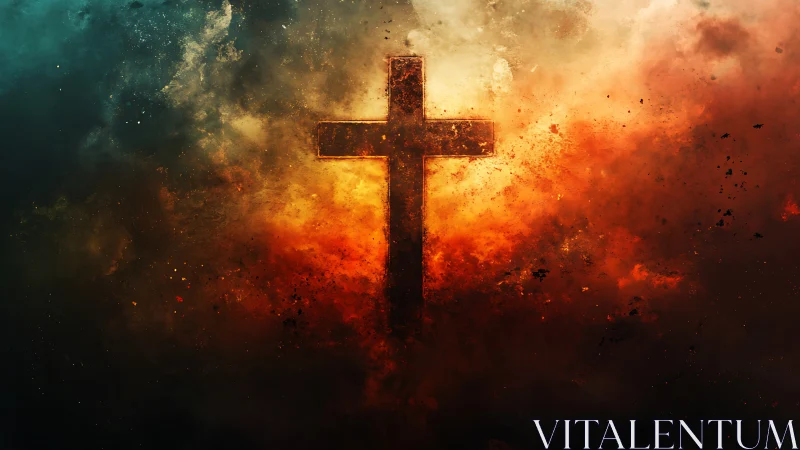 Radiant cross rises calmly from glowing stormy clouds