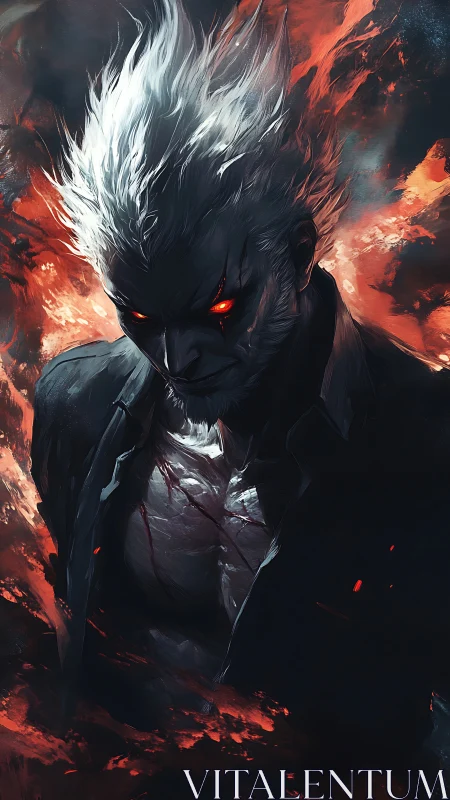 White haired male figure stands amid red and dark flames