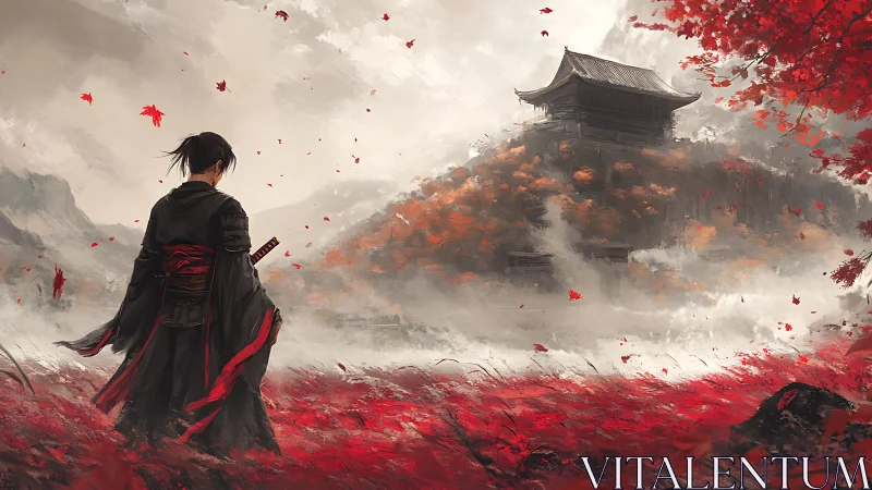 Samurai figure before distant temple in red autumn landscape.