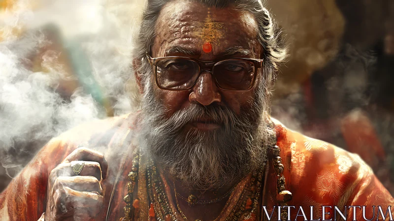 Elderly holy man gazes through incense haze with calm resolve
