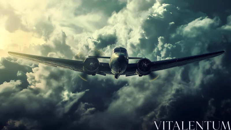 Twin engine vintage aircraft flies head on through dense clouds