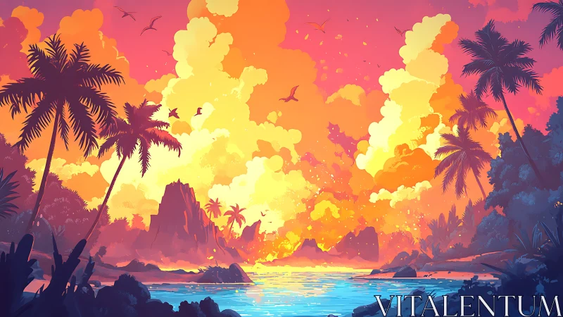 Vibrant tropical shoreline rendered in high-saturation digital art