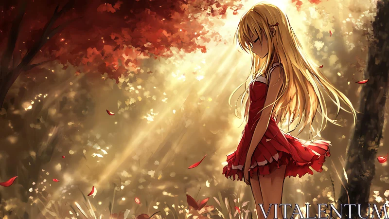 Sunlit forest lullaby with golden girl in crimson dress.