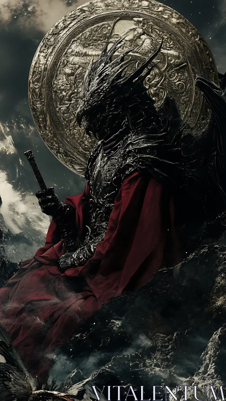 Armored figure seated before ornate circular relief.