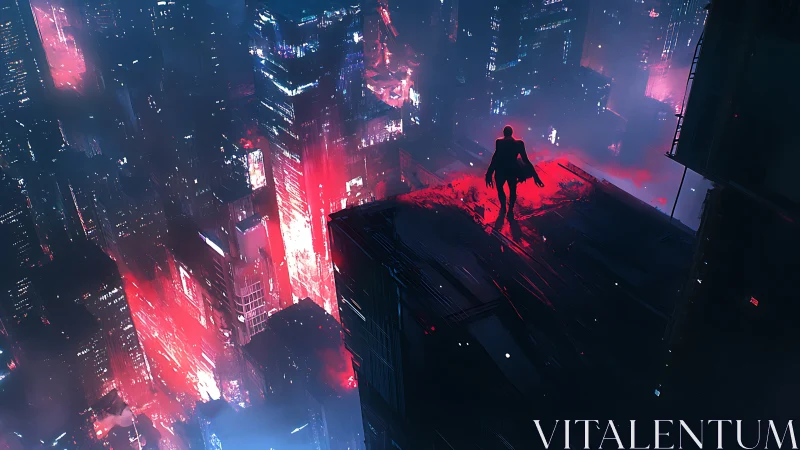 Lone silhouette over neon cyberpunk megacity at night.