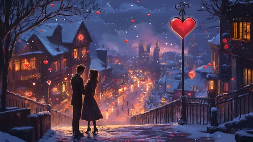 Couple Overlooking Winter City with Heart Motifs