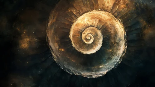 Spiral fossil geometry rendered in luminous cosmic tones.
