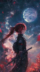 Red-haired anime warrior under glowing moonlit sky.