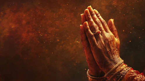 Praying henna hands glow against deep golden bokeh haze.