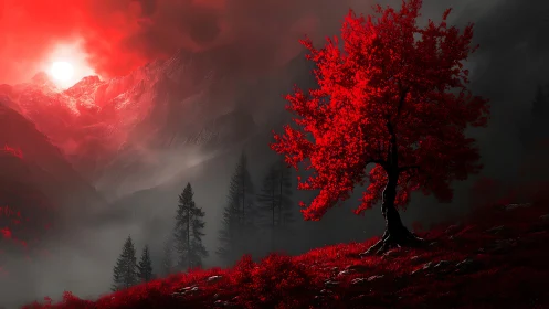 Solitary crimson tree under infernal mountain sunrise.