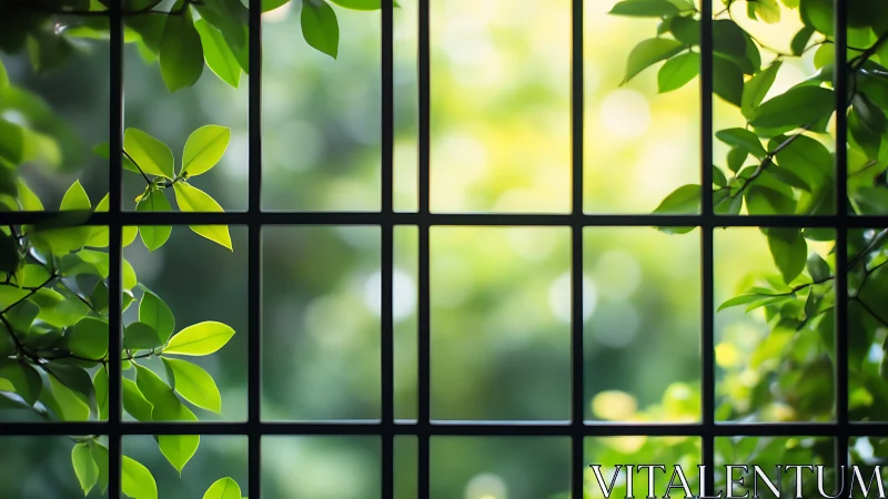 Gridded garden daydream with sunlit leaves at the window.