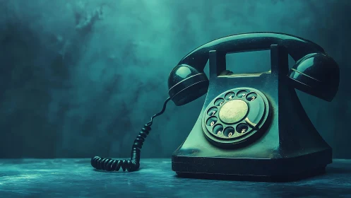 Vintage rotary telephone on moody teal studio background.