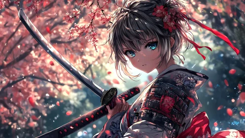 Samurai girl holding katana under pink blossom trees.