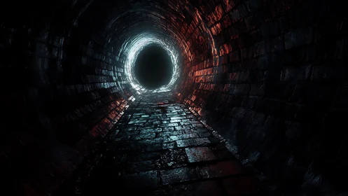 Tunnel bricks whisper toward a neon-ringed void of light