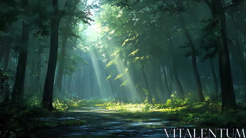 Luminous Forest Corridor with Radiant Sunbeams Through Ancient Canopy