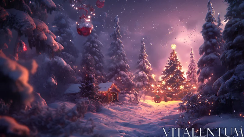 Snow-laden forest illuminates a glowing, decorated Christmas tree