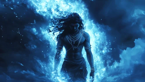 Divine warrior silhouette emerging through cosmic blue fire.