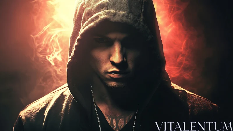 Brooding hooded figure amid fiery cinematic backlight.