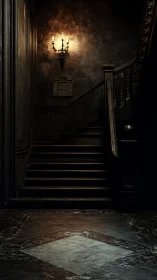 Dark wooden staircase in dimly lit old interior hall.