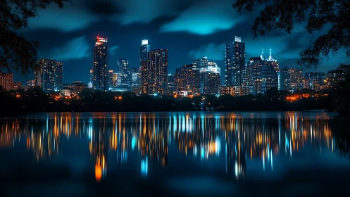 Neon city skyline casts vivid reflections across calm water.