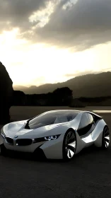 Futuristic white concept coupe is parked on a coastal plain