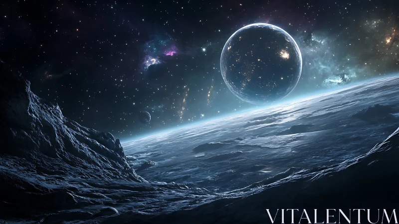 Glacial exoplanet horizon curves beneath a luminous starfield