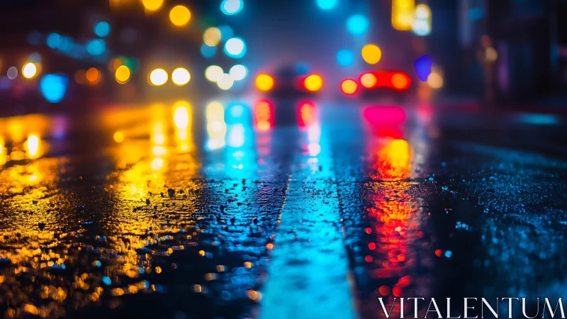 Neon reflections on wet city asphalt at nightfall.