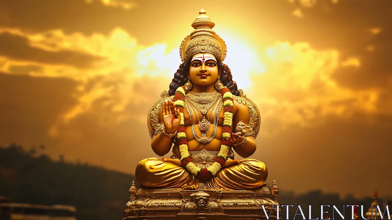 Golden deity statue glowing softly in a peaceful sunset sky.