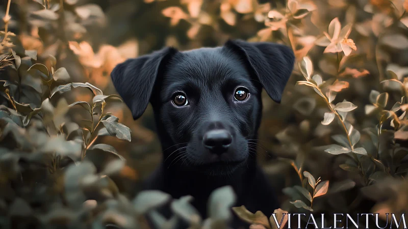 Low key portrait of black puppy framed by shallow depth foliage