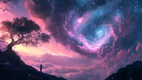 Silhouetted figure observes spiral nebula above cloudscape