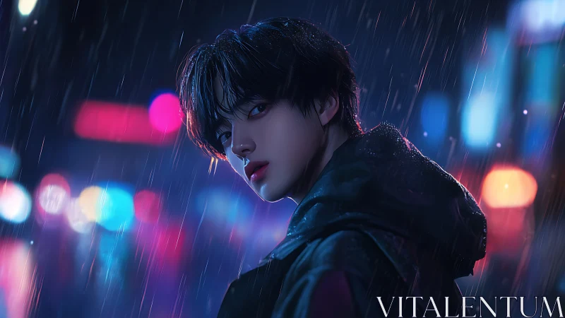 Neon rain clings to a lone wanderer in midnight reverie