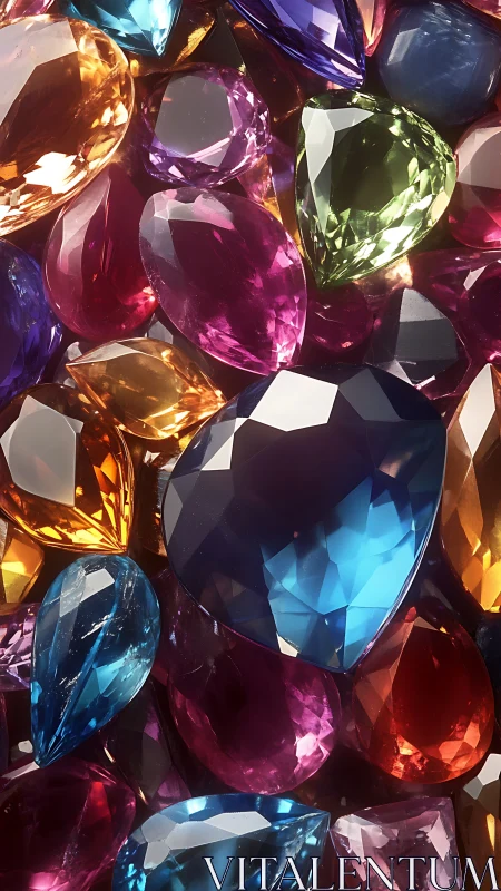 Multicolored faceted gemstones in dense close-up arrangement.