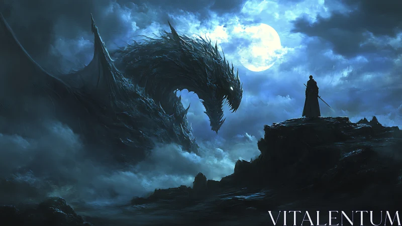 Lunar-backlit draconic colossus confronting solitary swordsman.