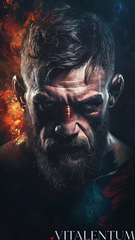 Bruised warrior in fire and shadow, locked in stormlight focus.