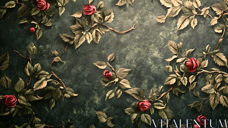 Vintage crimson roses entwined on textured green wall.