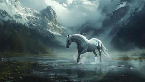 White horse crossing shallow water in alpine valley scene.