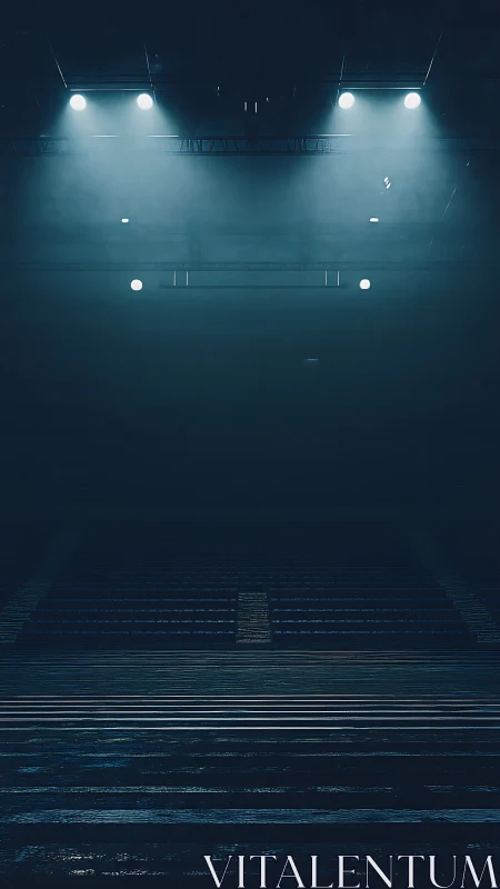 Empty arena drenched in blue stage lights before showtime.